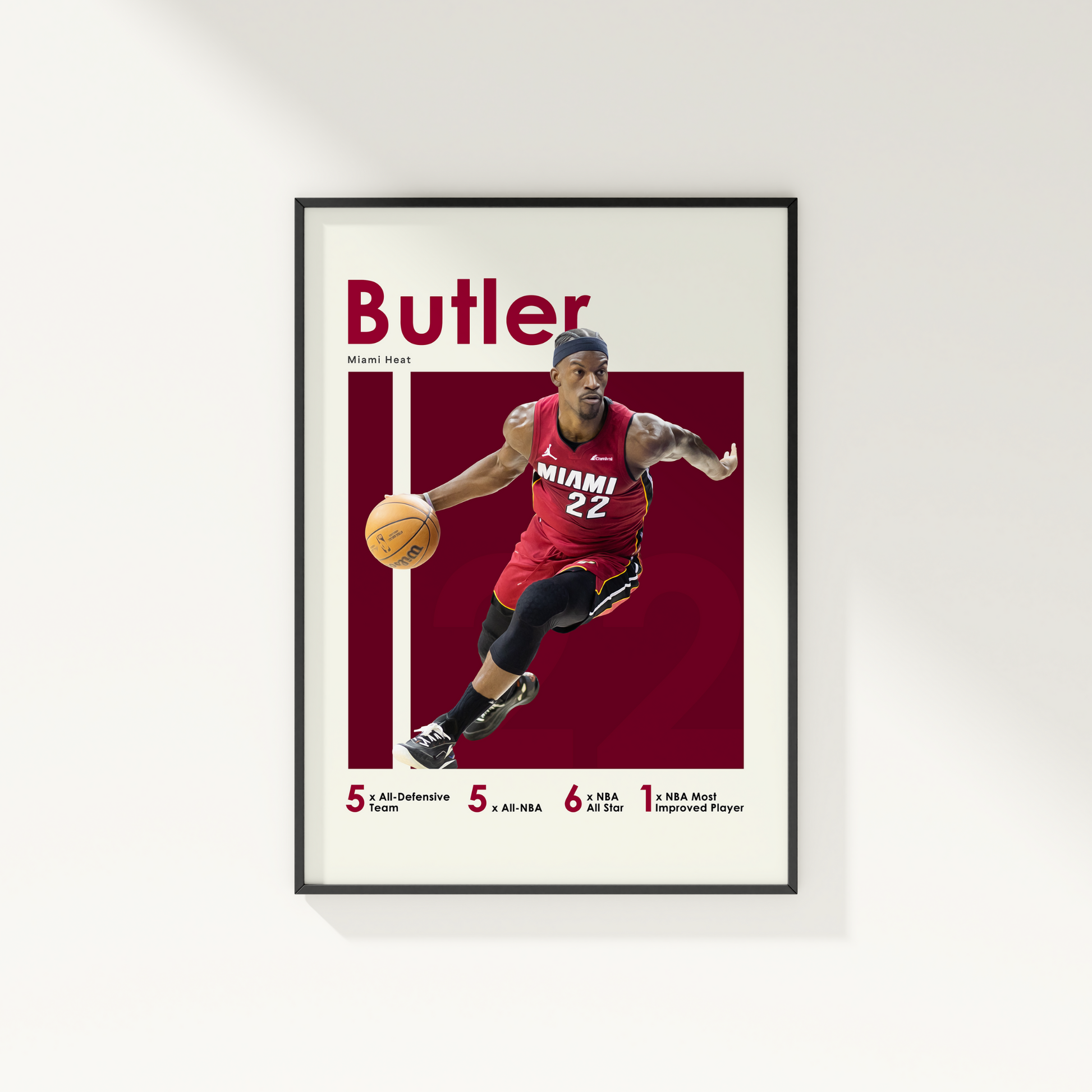 framed poster mockup of basketball player jimmy butler hanging on a white wall