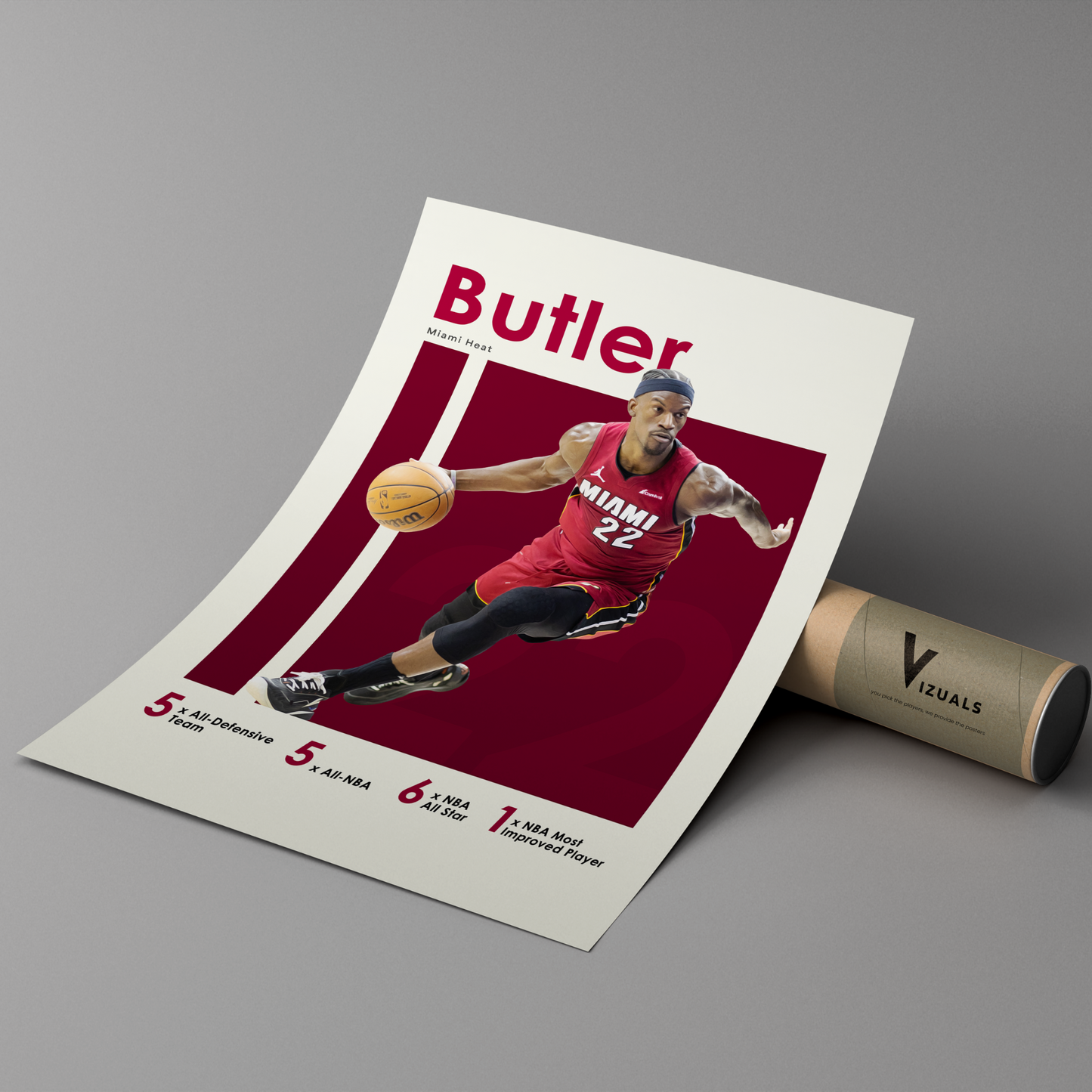 poster mockup of basketball player jimmy butler leaning on a cardboard tube