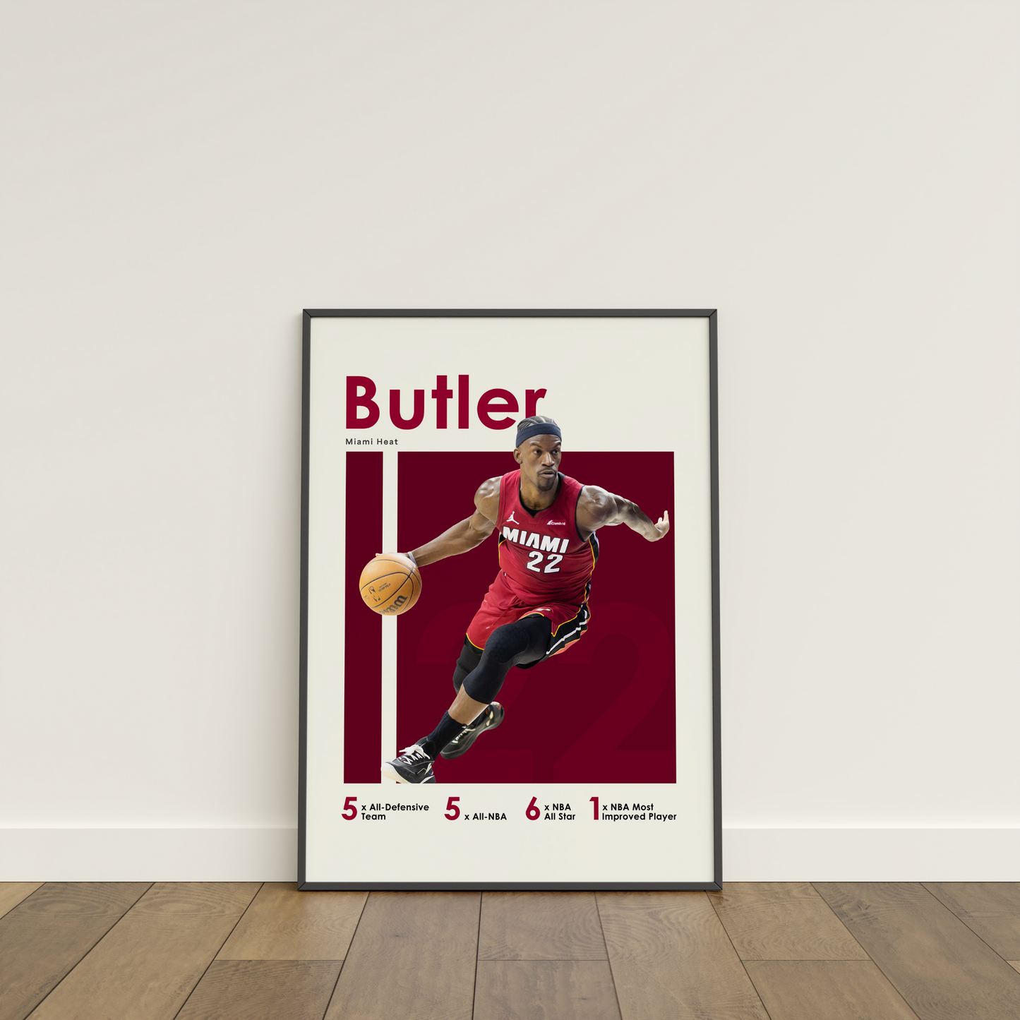 framed poster mockup of basketball player jimmy butler leaning on a white wall