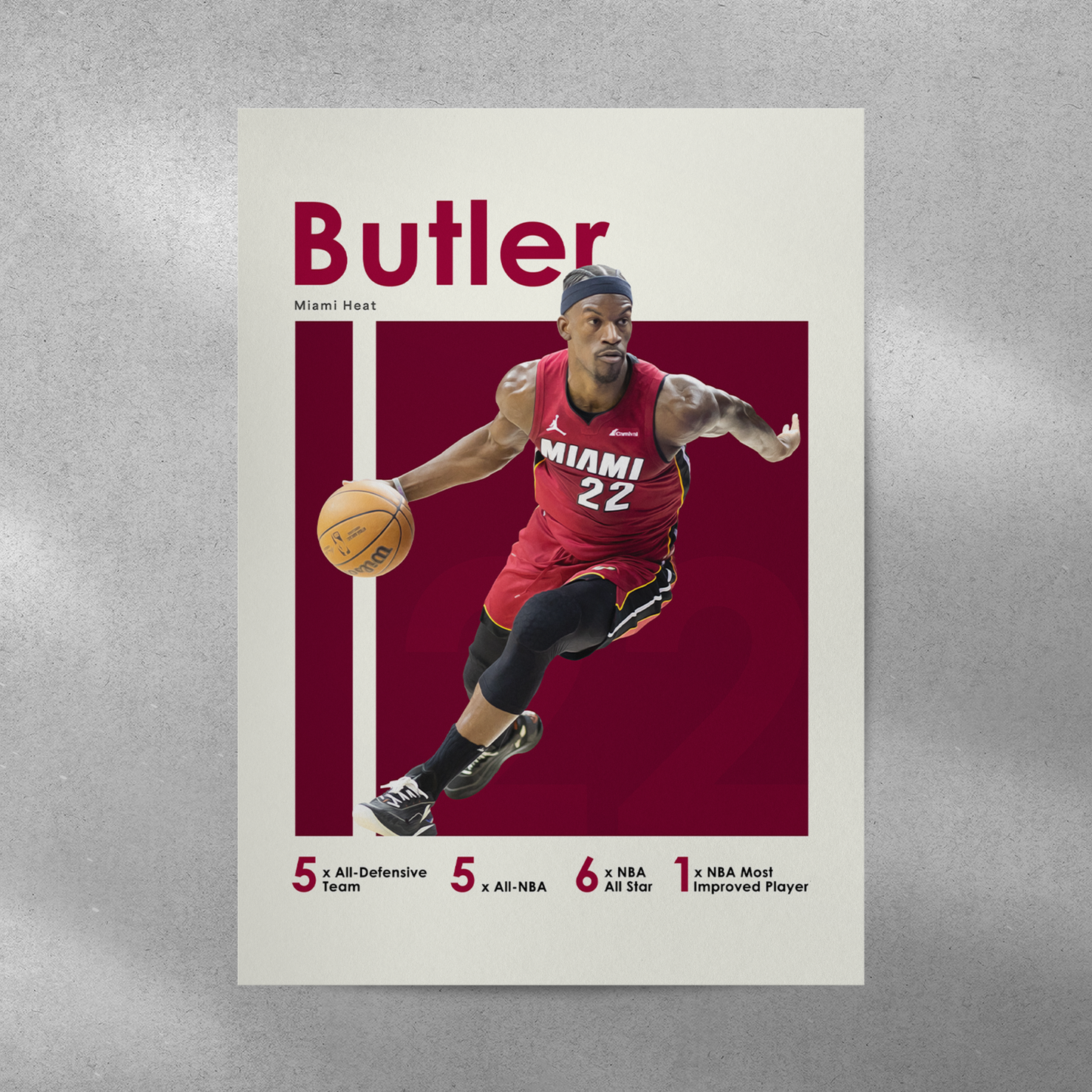 poster mockup of basketball player jimmy butler on a grey wall