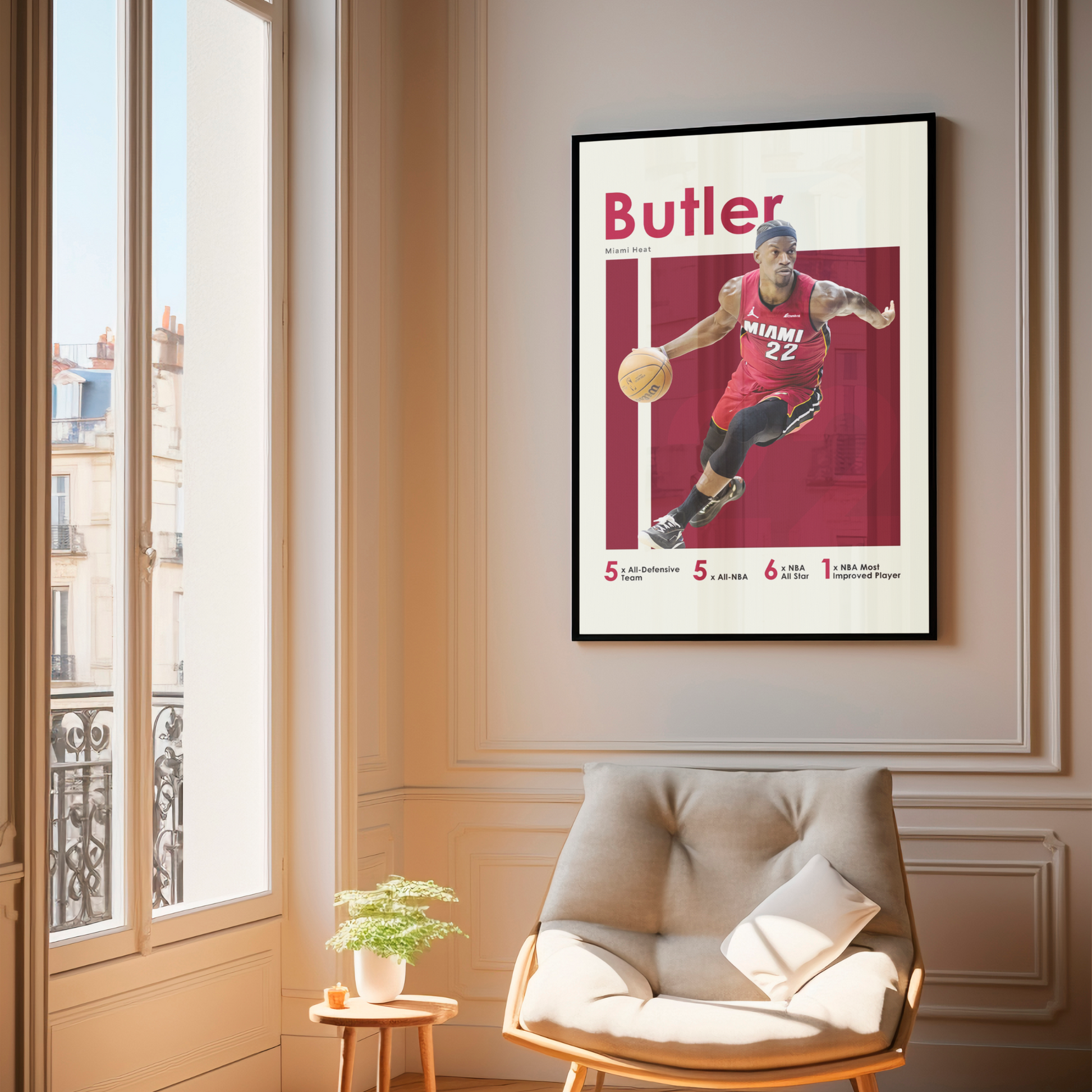 framed poster mockup of basketball player jimmy butler hanging in a living room