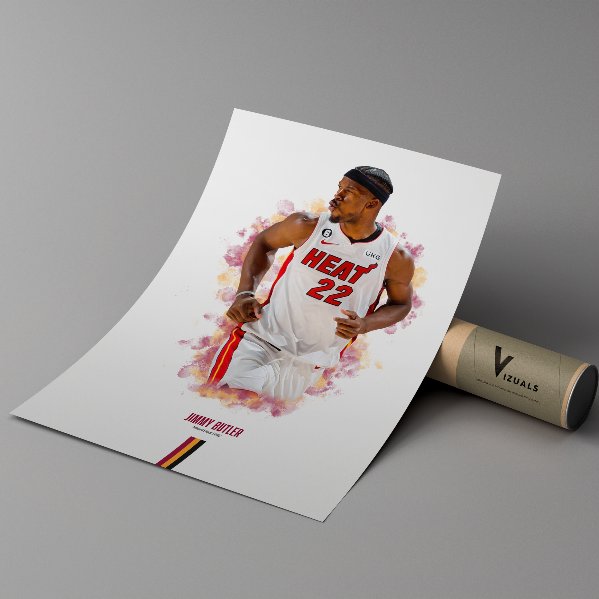 poster mockup of basketball player jimmy butler leaning on a cardboard tube