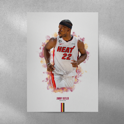 poster mockup of basketball player jimmy butler on a grey wall