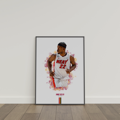 framed poster mockup of basketball player jimmy butler leaning on a white wall