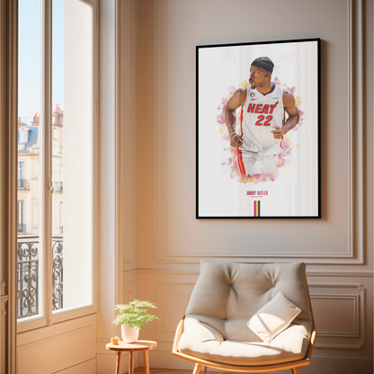 framed poster mockup of basketball player jimmy butler hanging in a living room