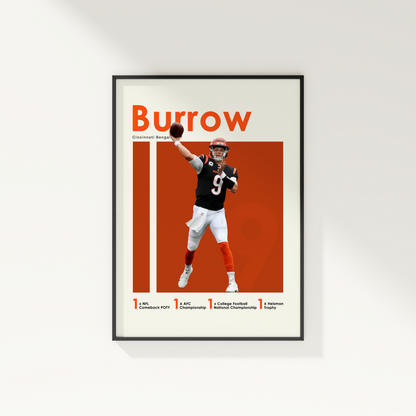 framed poster mockup of football player joe burrow hanging on a white wall