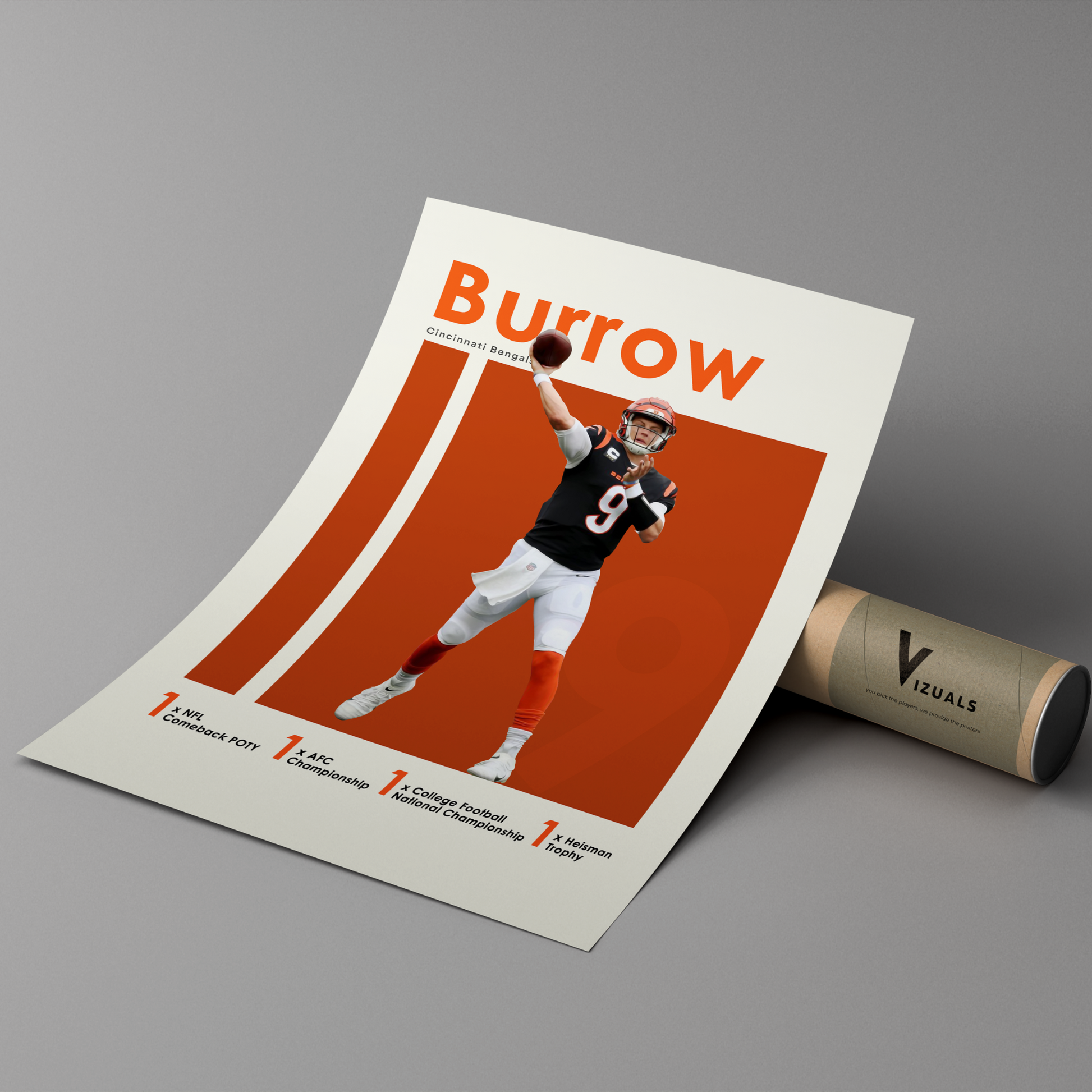 poster mockup of football player joe burrow leaning on a cardboard tube