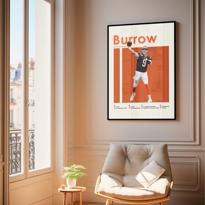 framed poster mockup of football player joe burrow hanging in a living room