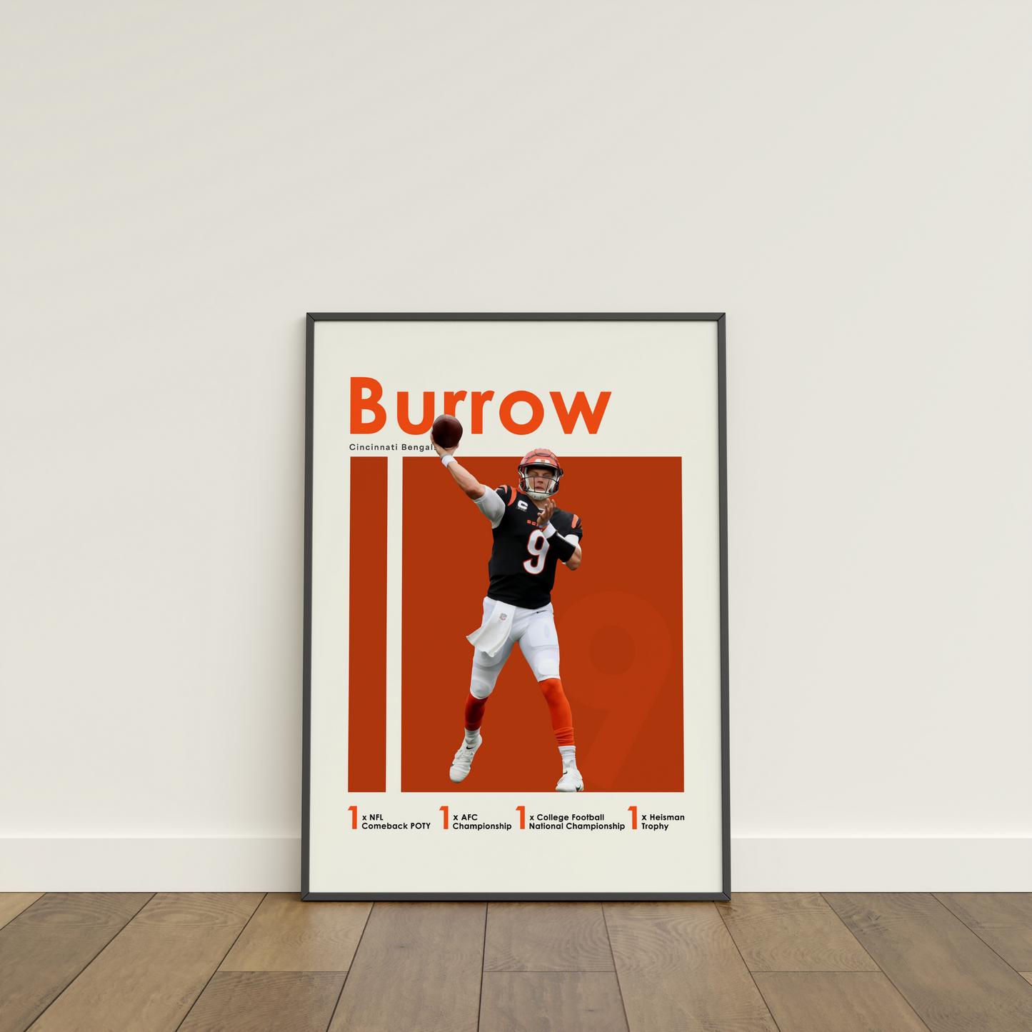 framed poster mockup of football player joe burrow leaning on a white wall