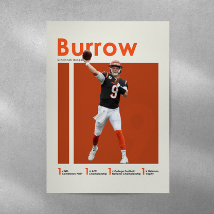 poster mockup of football player joe burrow on a grey wall