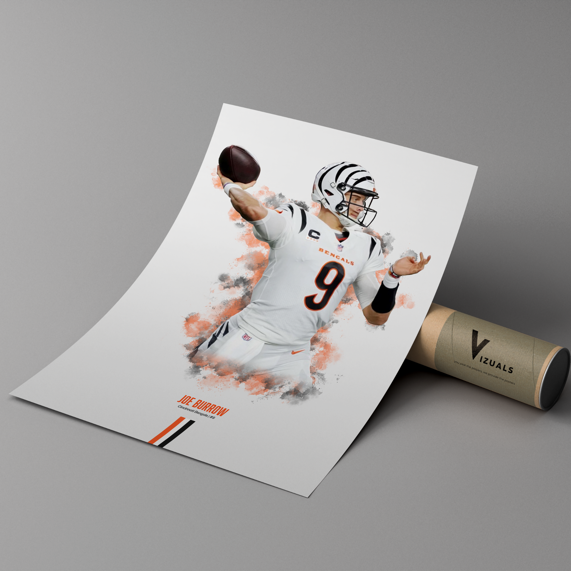 poster mockup of football player joe burrow leaning on a cardboard tube