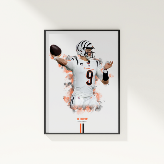 framed poster mockup of football player joe burrow hanging on a white wall