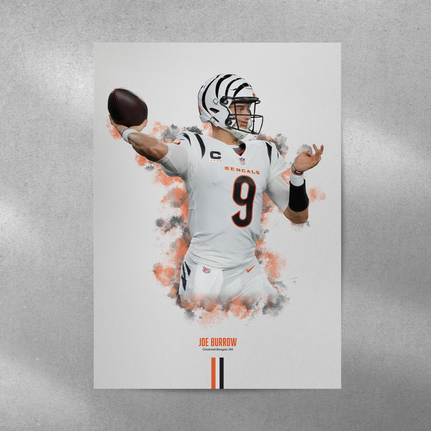 poster mockup of football player joe burrow on a grey wall