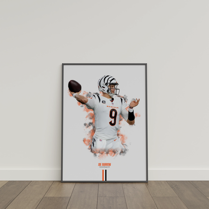 framed poster mockup of football player joe burrow leaning on a white wall