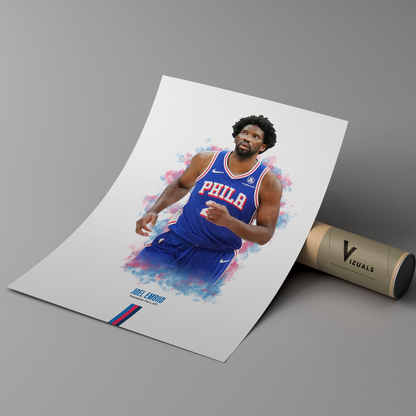 poster mockup of basketball player joel embiid leaning on a cardboard tube