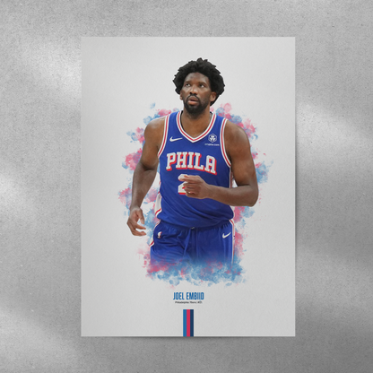 poster mockup of basketball player joel embiid on a grey wall