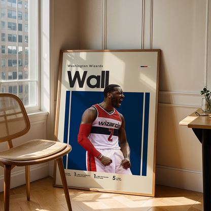 Framed sports poster of a basketball player in a room with a chair and table.
