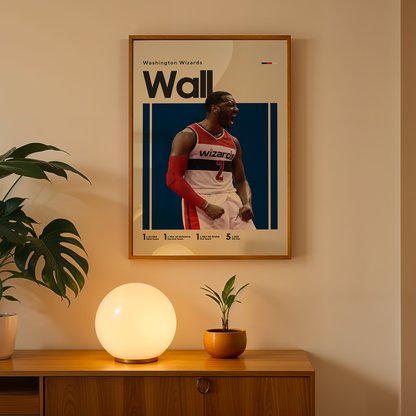 Framed sports poster of a basketball player on a wall above a wooden cabinet with decorative items.