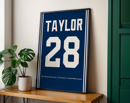 Framed sports jersey with 'Taylor' and number '28' on a wooden shelf.