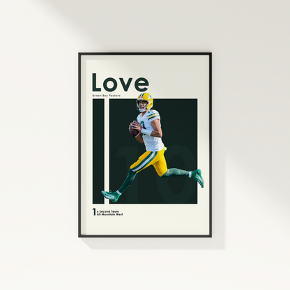 framed poster mockup of football player jordan love hanging on a white wall