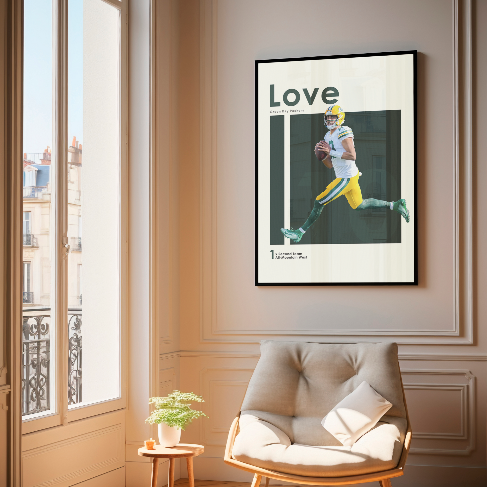 framed poster mockup of football player jordan love hanging in a living room