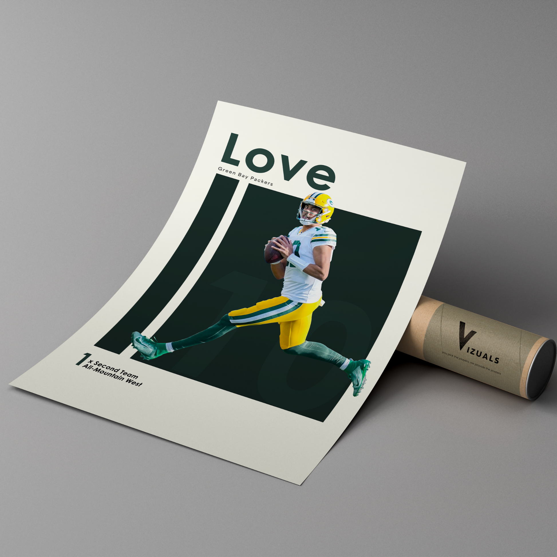 poster mockup of football player jordan love leaning on a cardboard tube