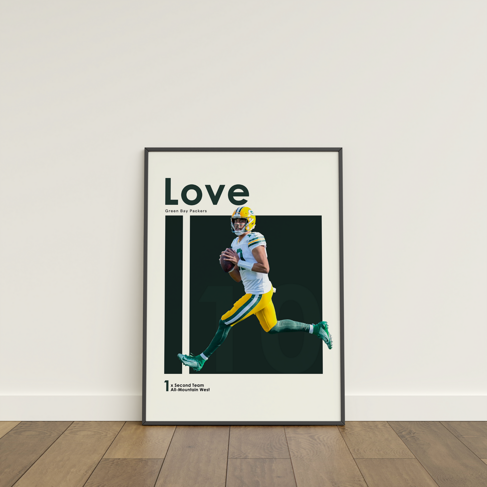 framed poster mockup of football player jordan love leaning on a white wall