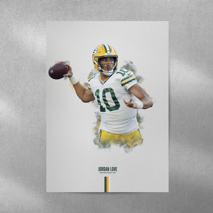 poster mockup of football player jordan love on a grey wall