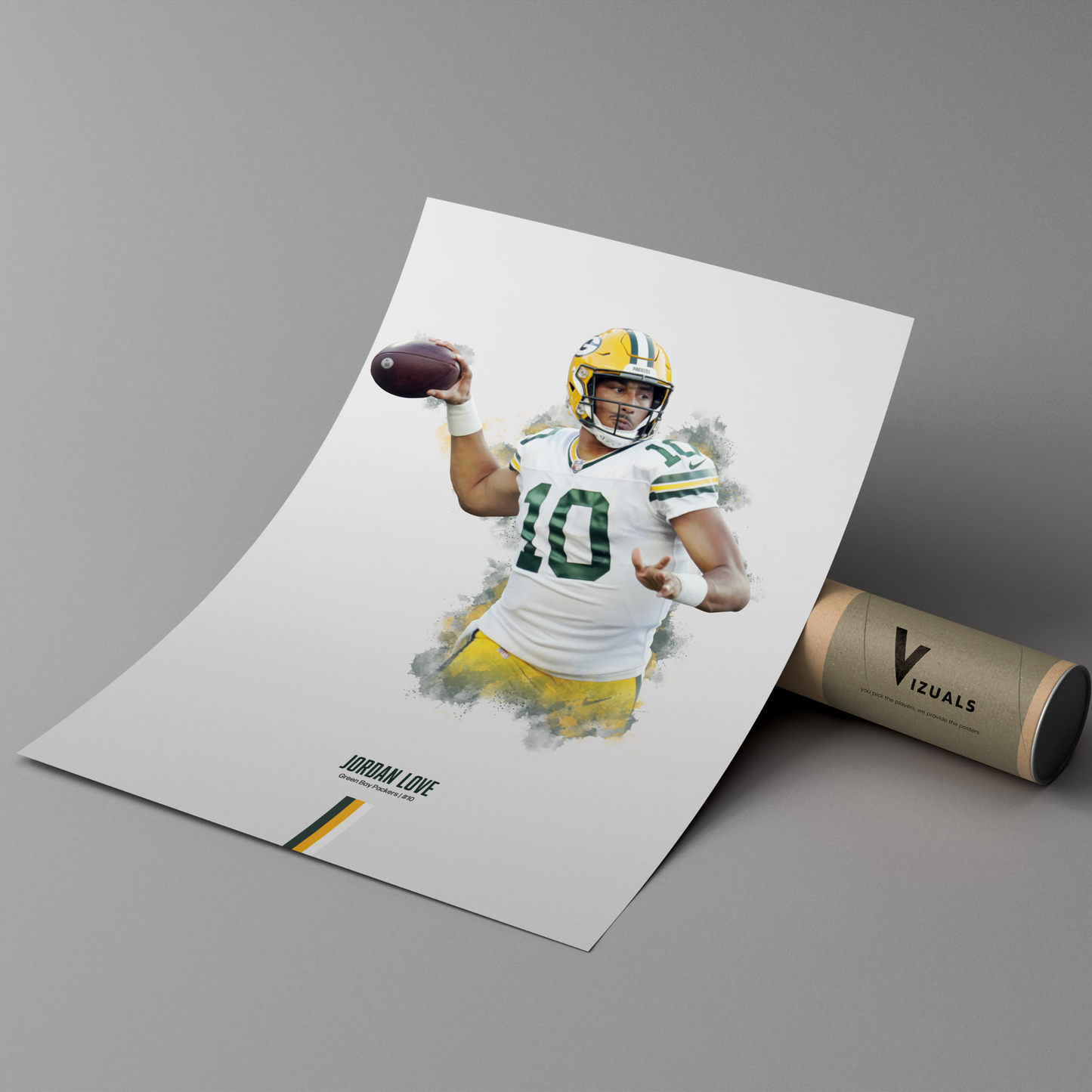 poster mockup of football player jordan love leaning on a cardboard tube