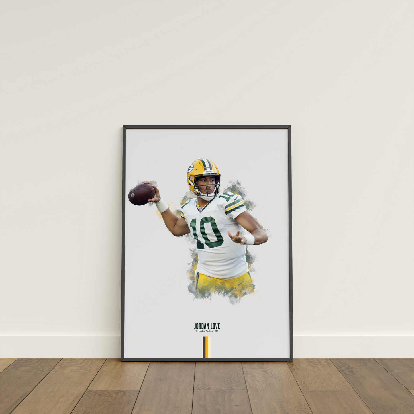 framed poster mockup of football player jordan love leaning on a white wall