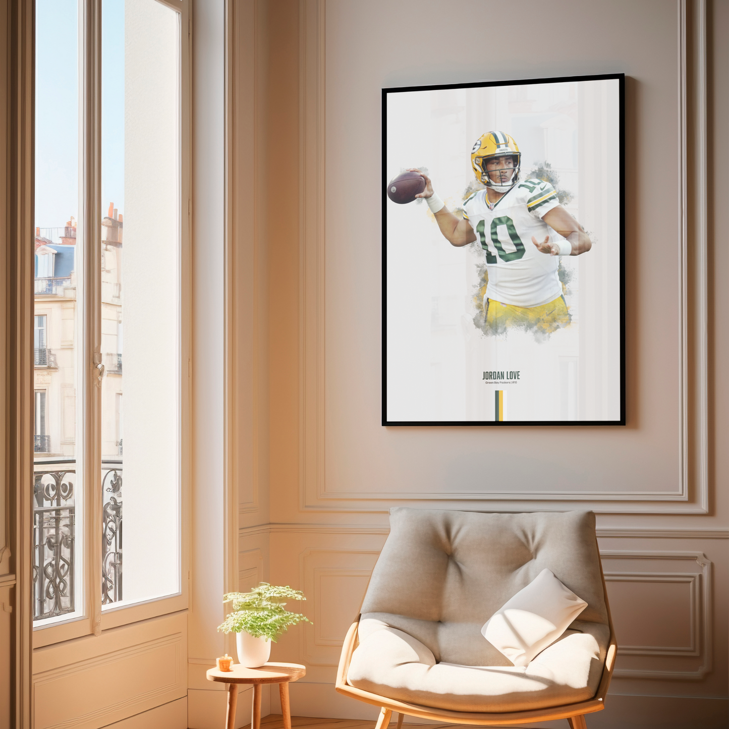 framed poster mockup of football player jordan love hanging in a living room