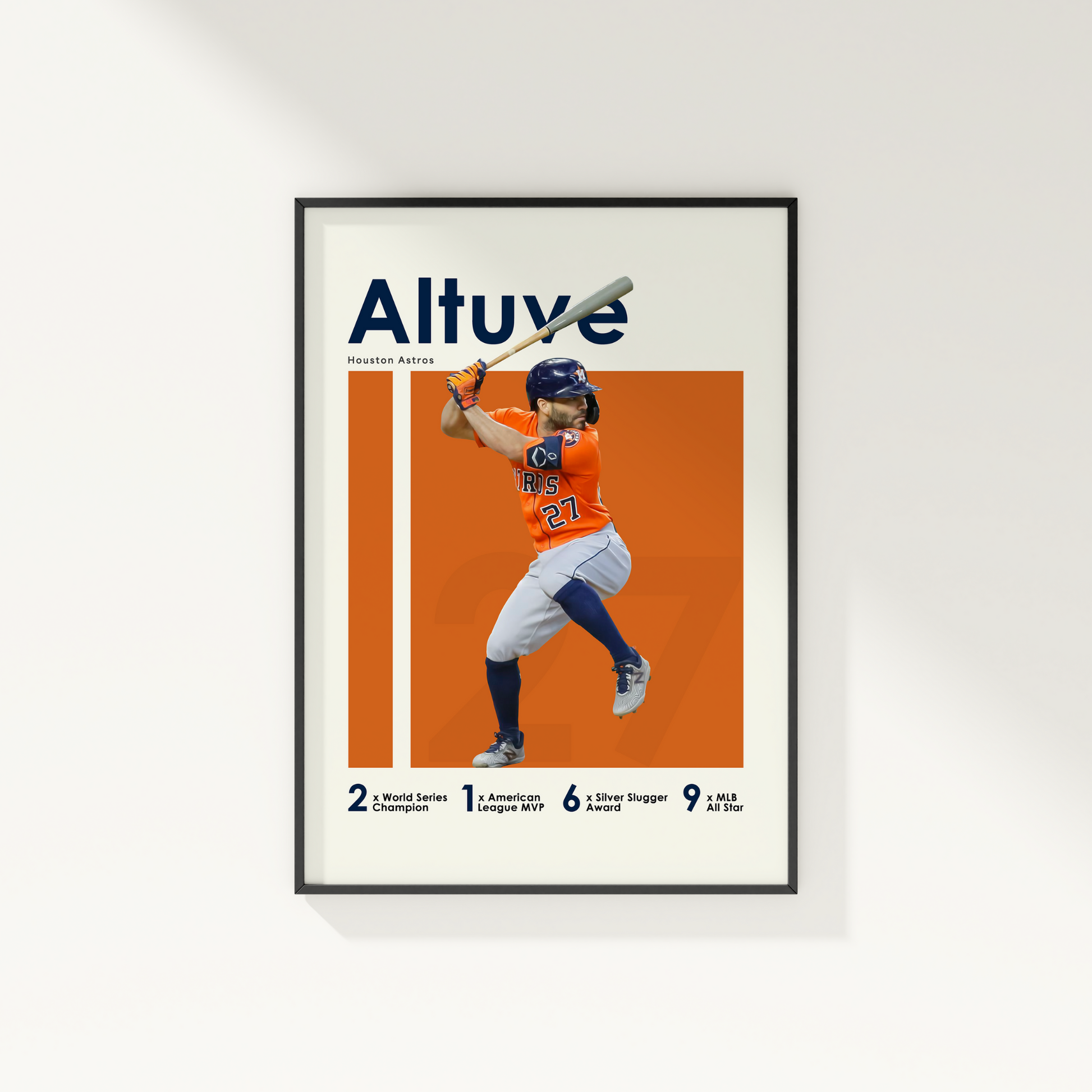 framed poster mockup of baseball player jose altuve hanging on a white wall