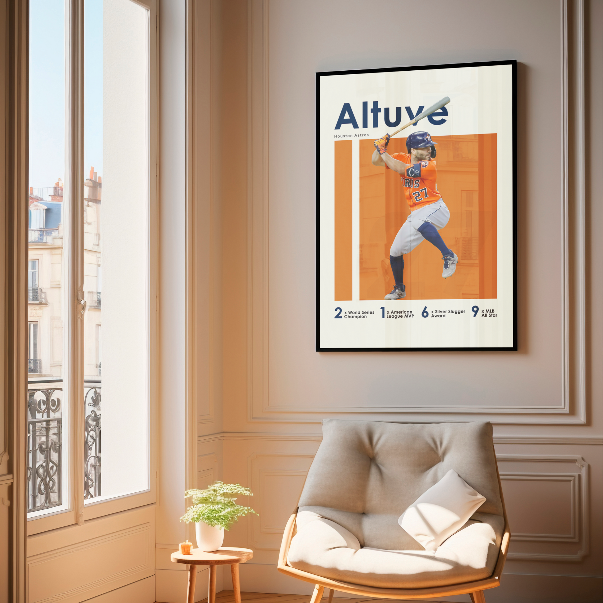 framed poster mockup of baseball player jose altuve hanging in a living room