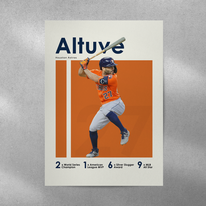 poster mockup of baseball player jose altuve on a grey wall