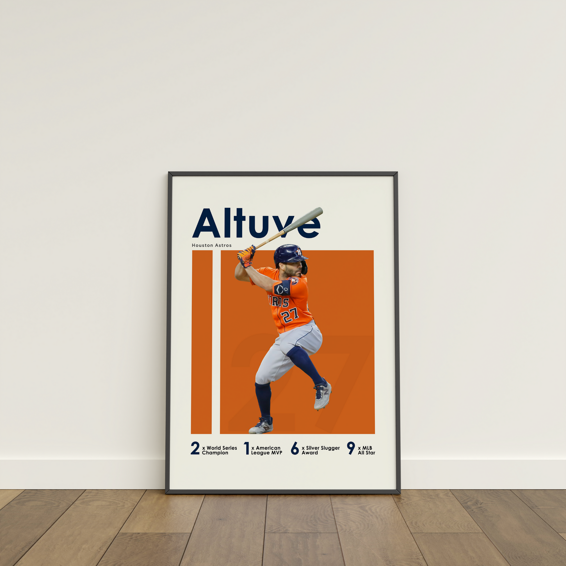 framed poster mockup of baseball player jose altuve leaning on a white wall