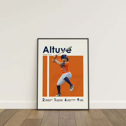 framed poster mockup of baseball player jose altuve leaning on a white wall