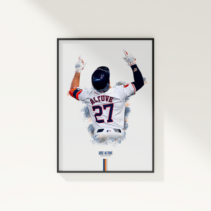 framed poster mockup of baseball player jose altuve hanging on a white wall