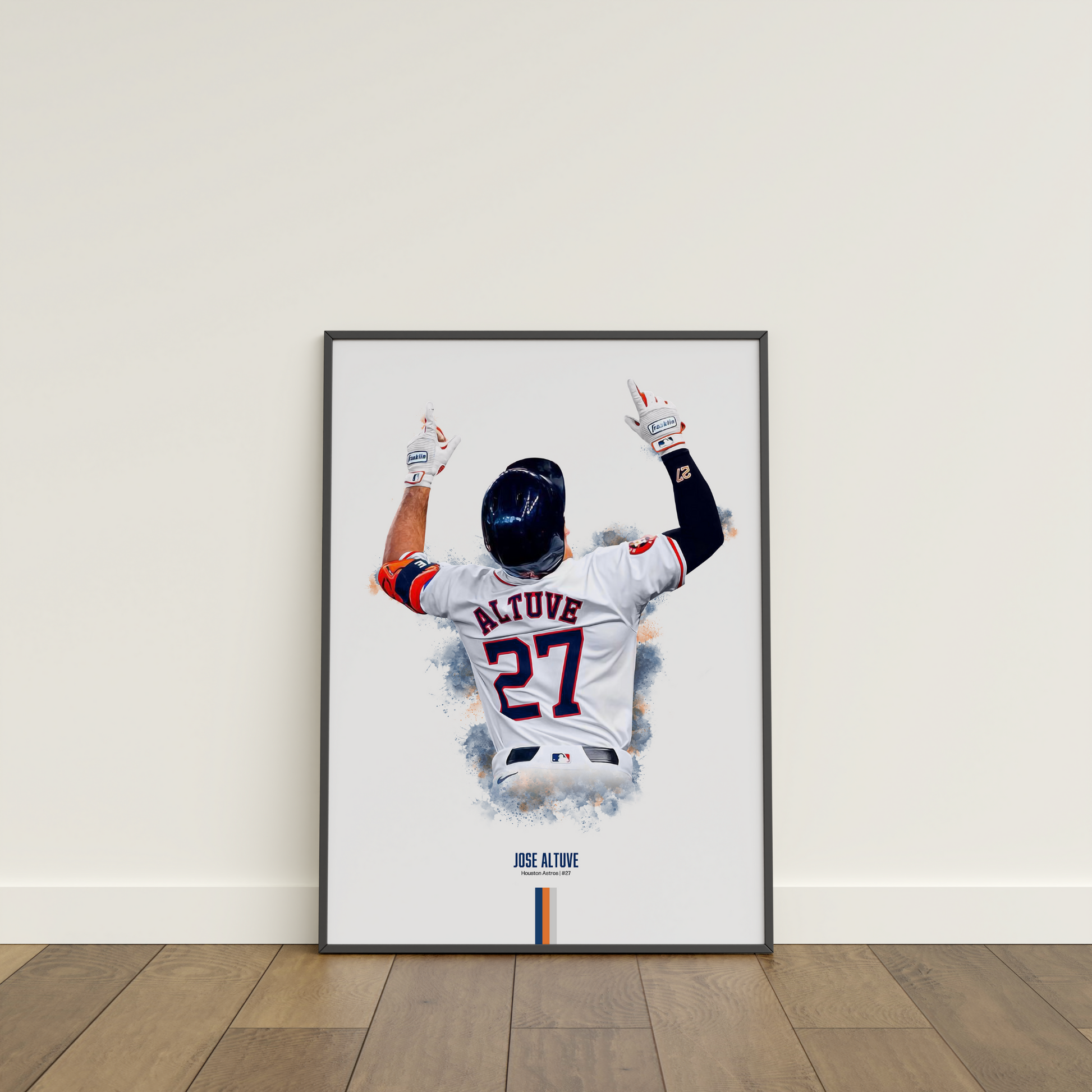 framed poster mockup of baseball player jose altuve leaning on a white wall