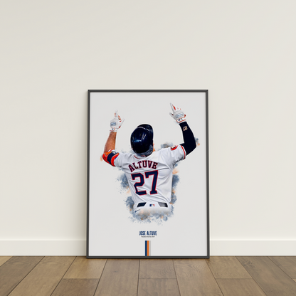 framed poster mockup of baseball player jose altuve leaning on a white wall