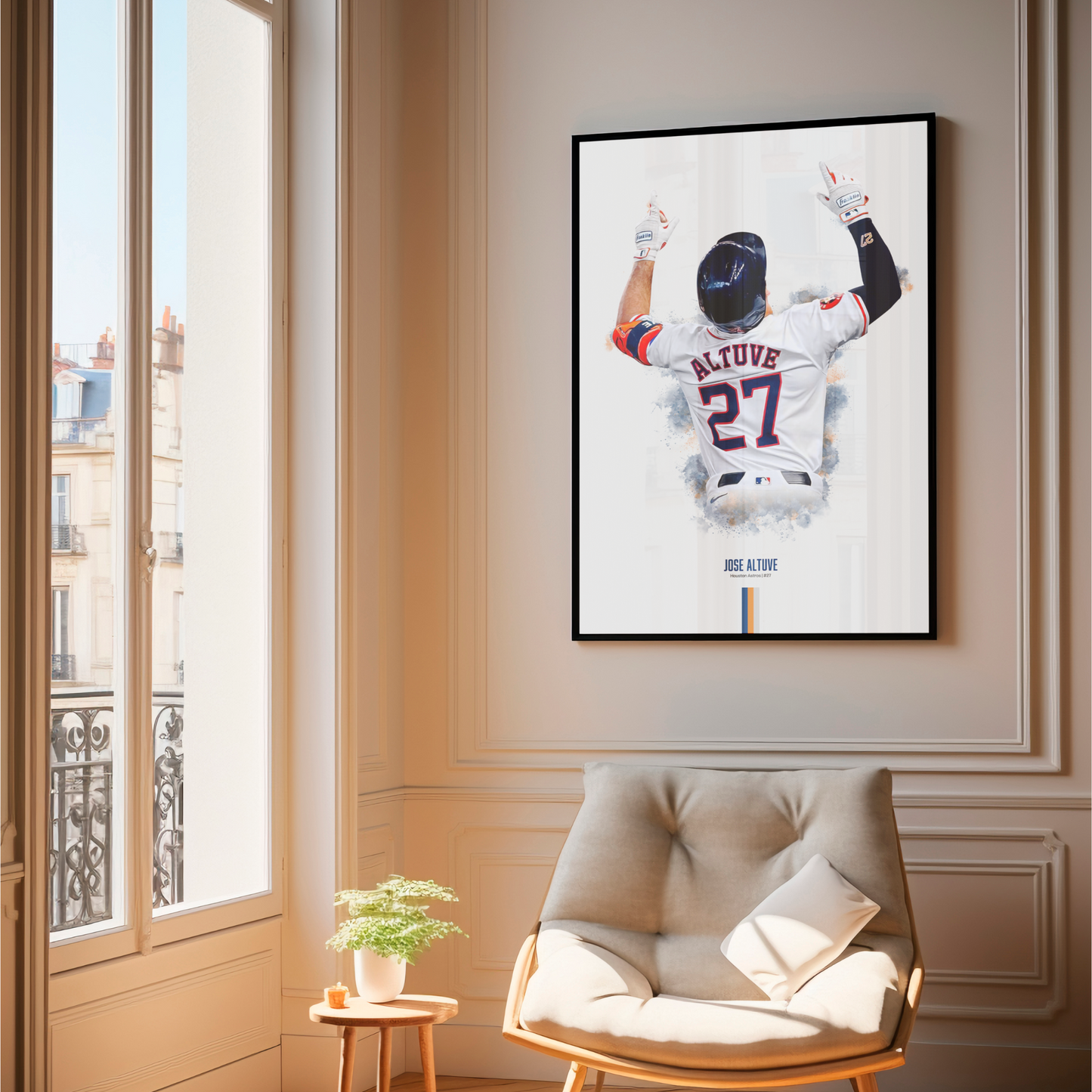 framed poster mockup of baseball player jose altuve hanging in a living room