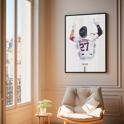 framed poster mockup of baseball player jose altuve hanging in a living room