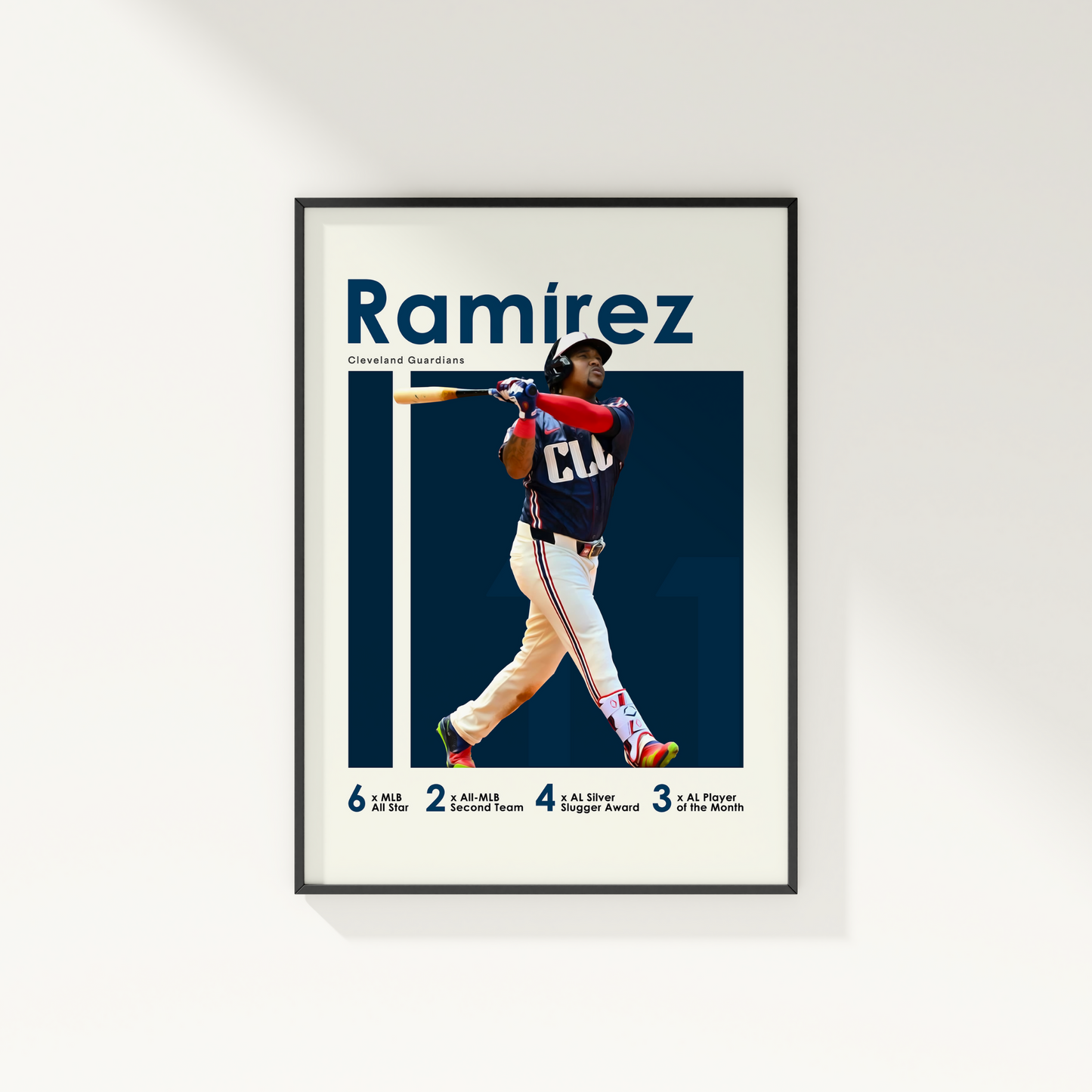 framed poster mockup of baseball player jose ramirez hanging on a white wall