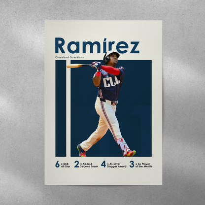 poster mockup of baseball player jose ramirez on a grey wall