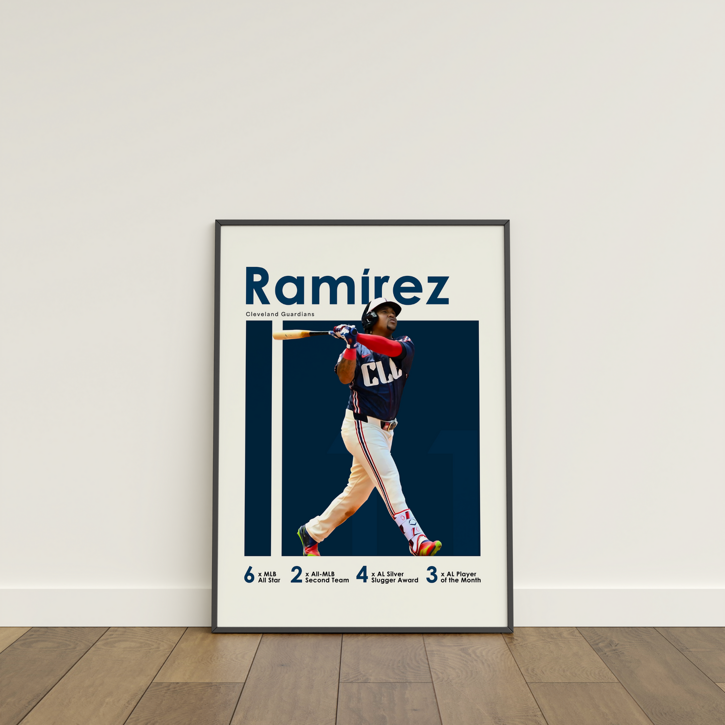 framed poster mockup of baseball player jose ramirez leaning on a white wall