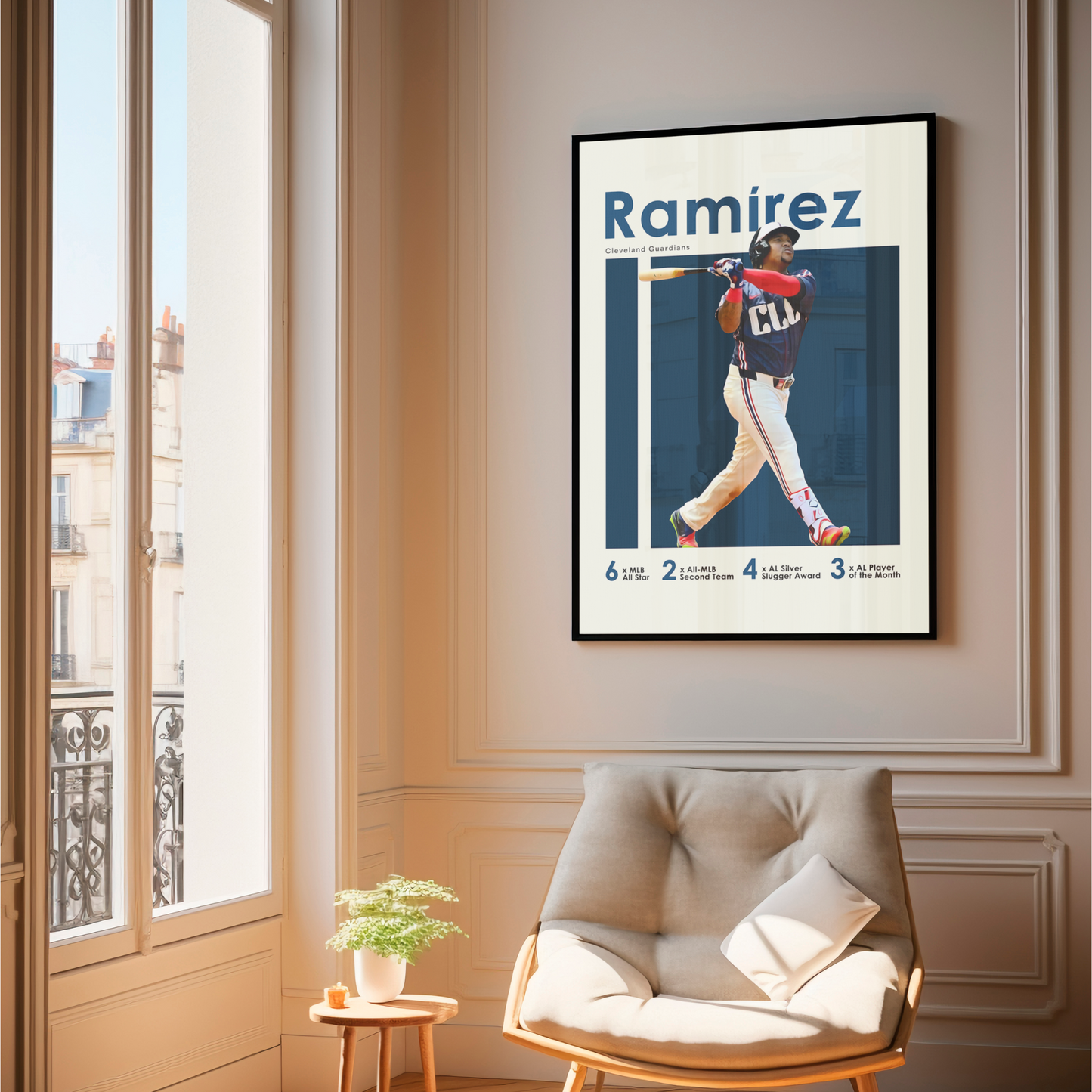 framed poster mockup of baseball player jose ramirez hanging in a living room