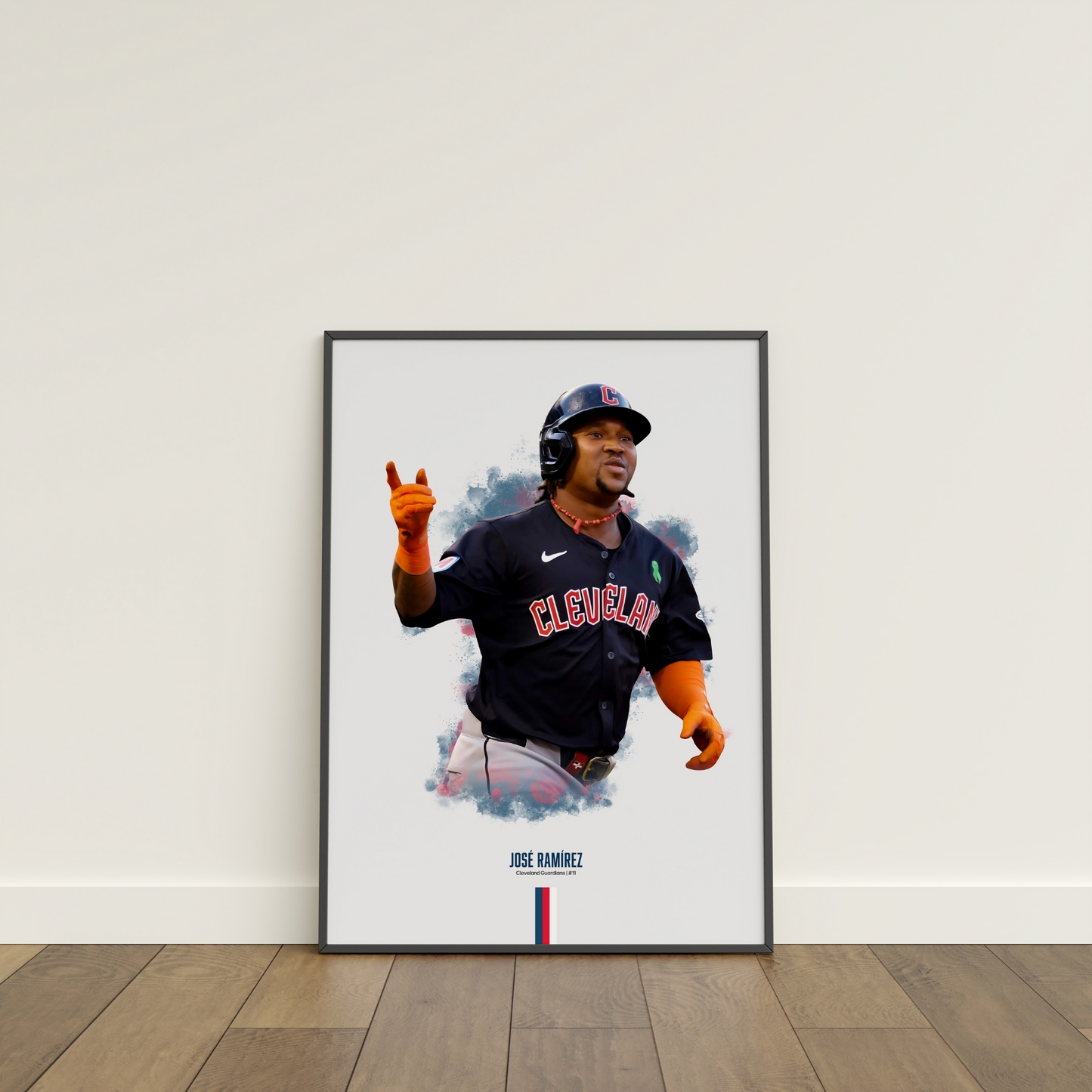 framed poster mockup of baseball player jose ramirez leaning on a white wall