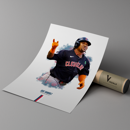 poster mockup of baseball player jose ramirez leaning on a branded cardboard tube