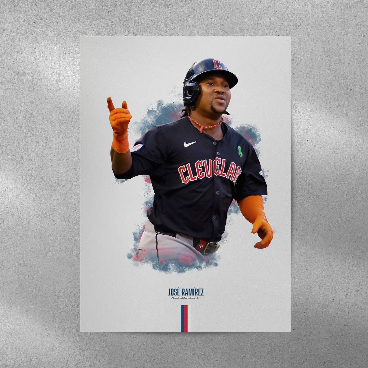 poster mockup of baseball player jose ramirez on a grey wall