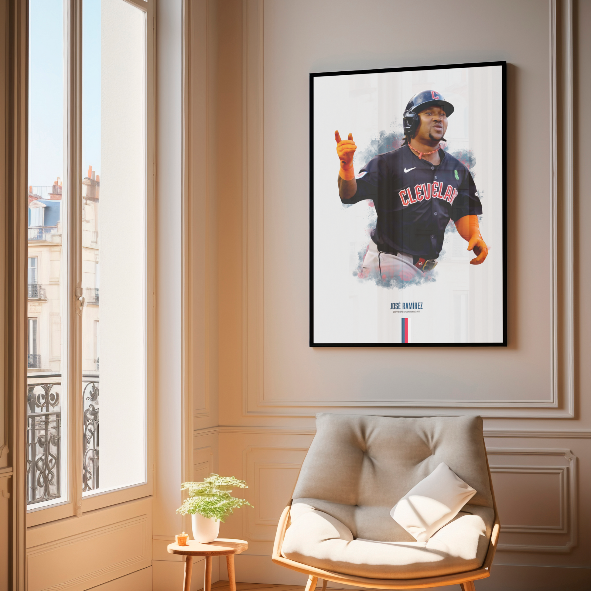 framed poster mockup of baseball player jose ramirez hanging in a living room