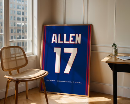 Framed sports jersey with name and number 'Allen 17' in a room with a chair and table.